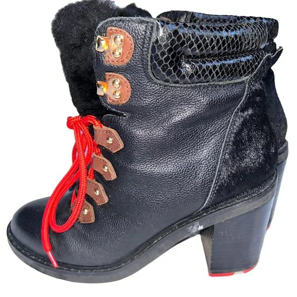 aldo black pony calf hair red lace worn Heeled Hiking Ski Bunny boots 9.5 - Picture 3 of 12